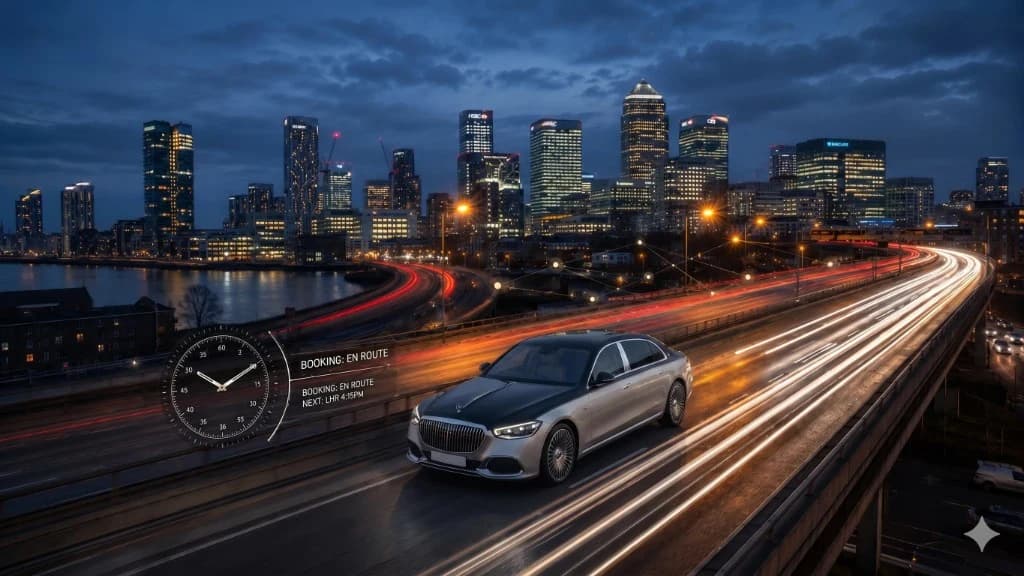 Mercedes-Maybach S-Class on London highway at night — hourly chauffeur hire