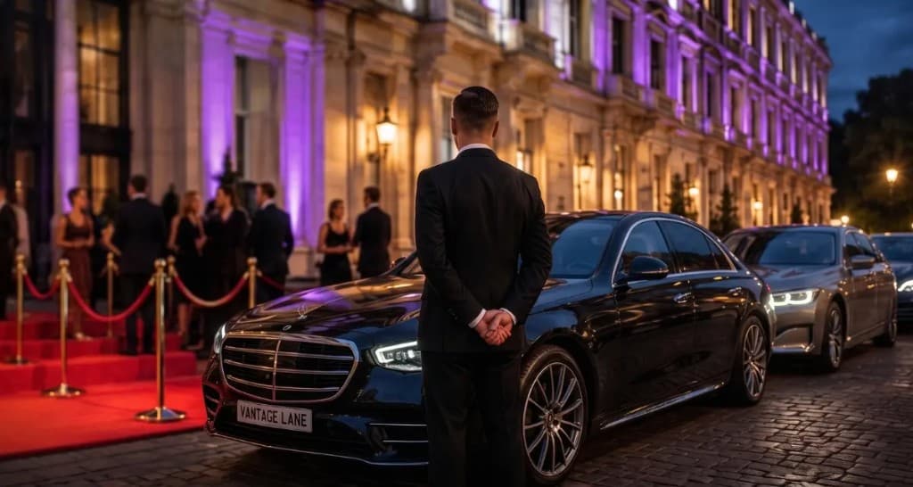 Chauffeur vehicle on a London street at night