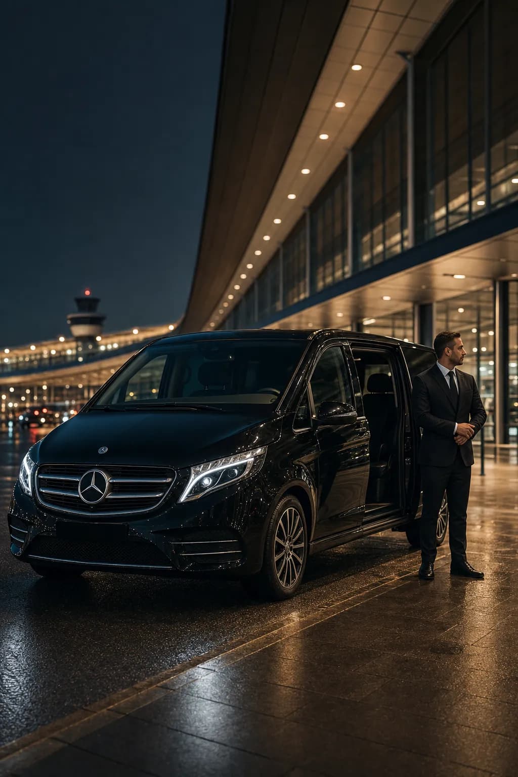 Mercedes-Benz V-Class with chauffeur at London airport terminal at night — airport transfer