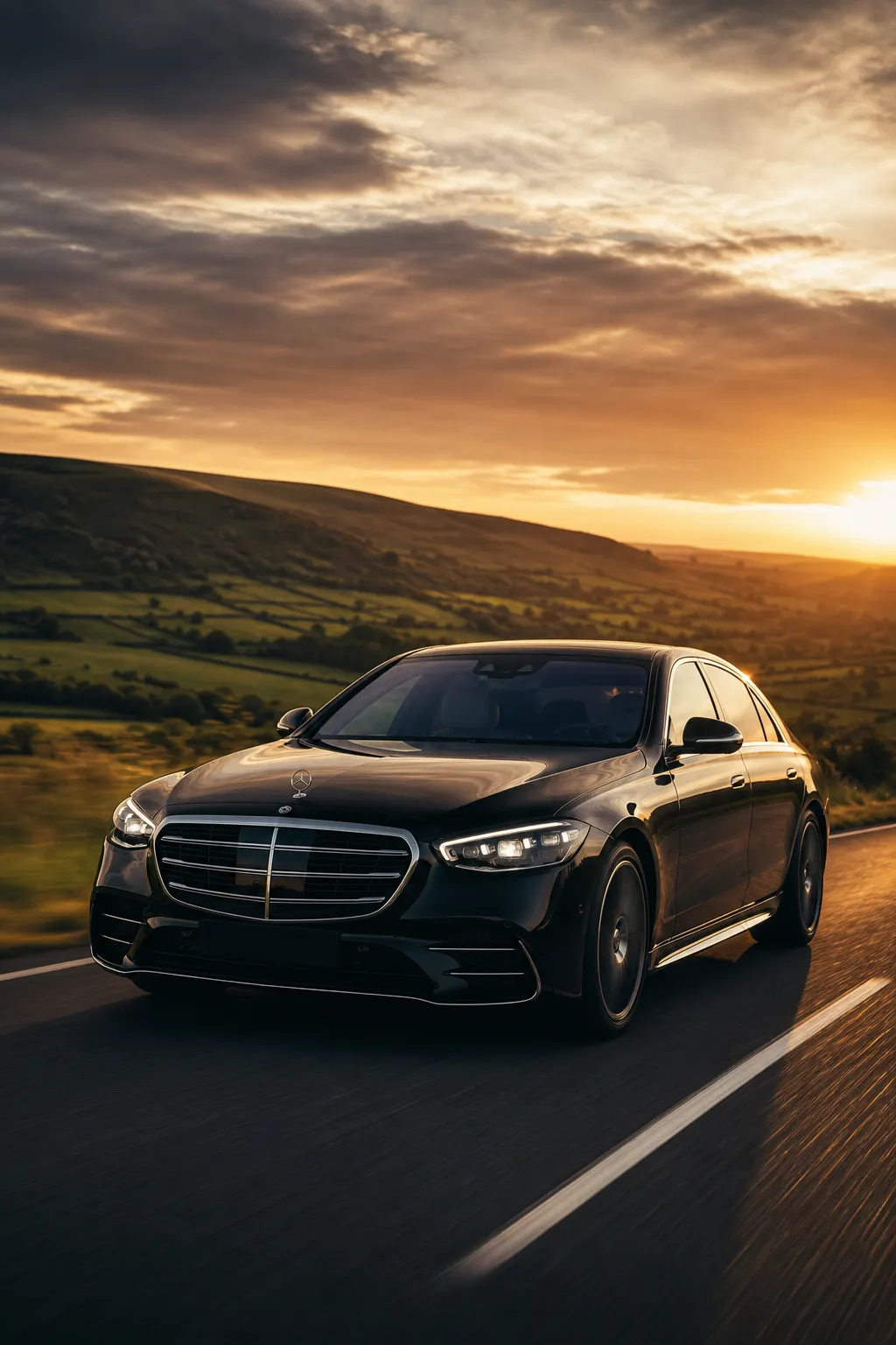 Mercedes-Benz S-Class on an open English countryside road at dusk — city-to-city chauffeur