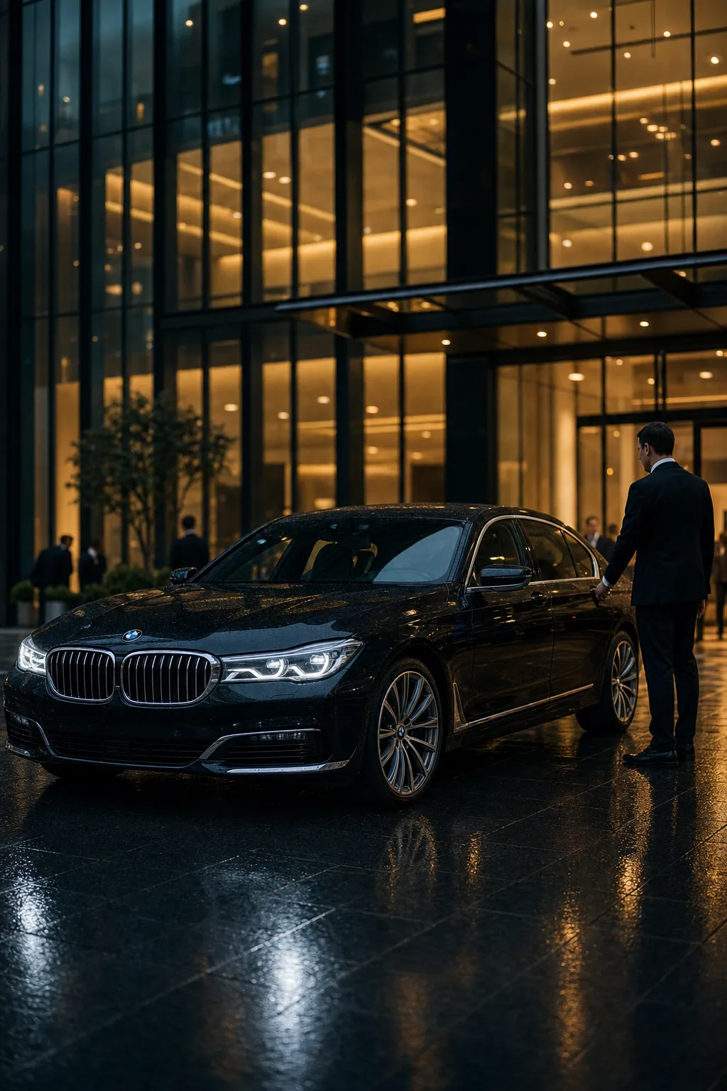 BMW 7 Series with chauffeur outside a corporate headquarters at night — corporate event transport