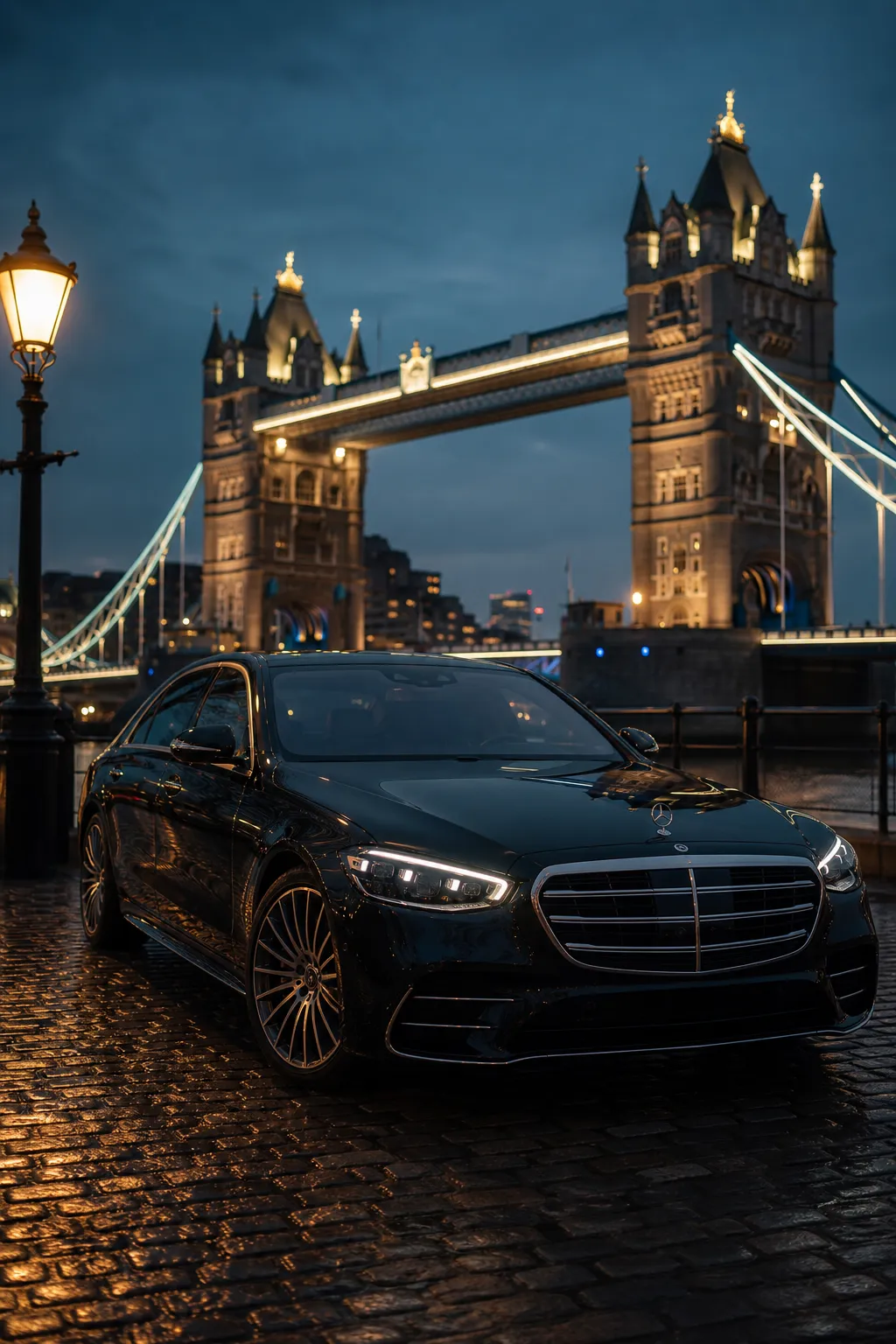 Mercedes-Benz S-Class beside Tower Bridge at dusk — London sightseeing chauffeur tour