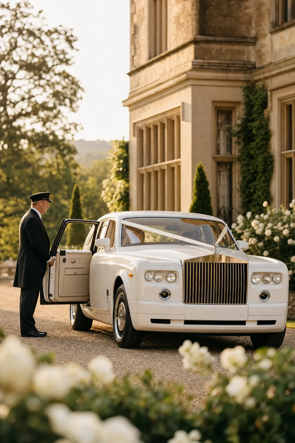 White Rolls-Royce Phantom with chauffeur outside an English manor — wedding chauffeur service