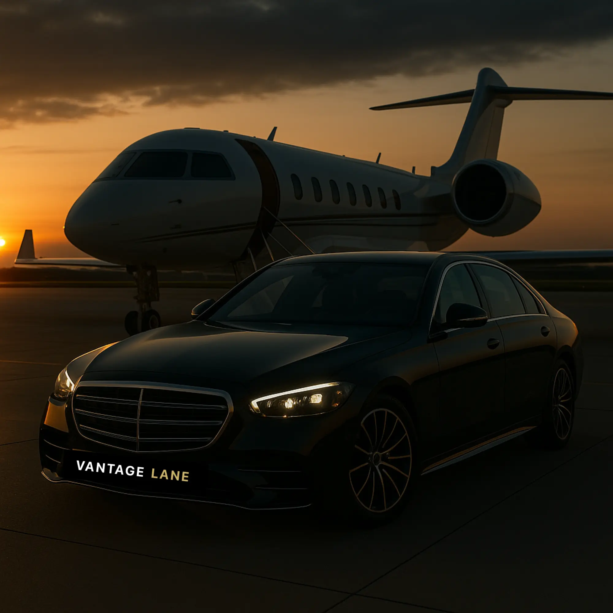Vantage Lane chauffeur service at private jet terminal - luxury Mercedes S-Class