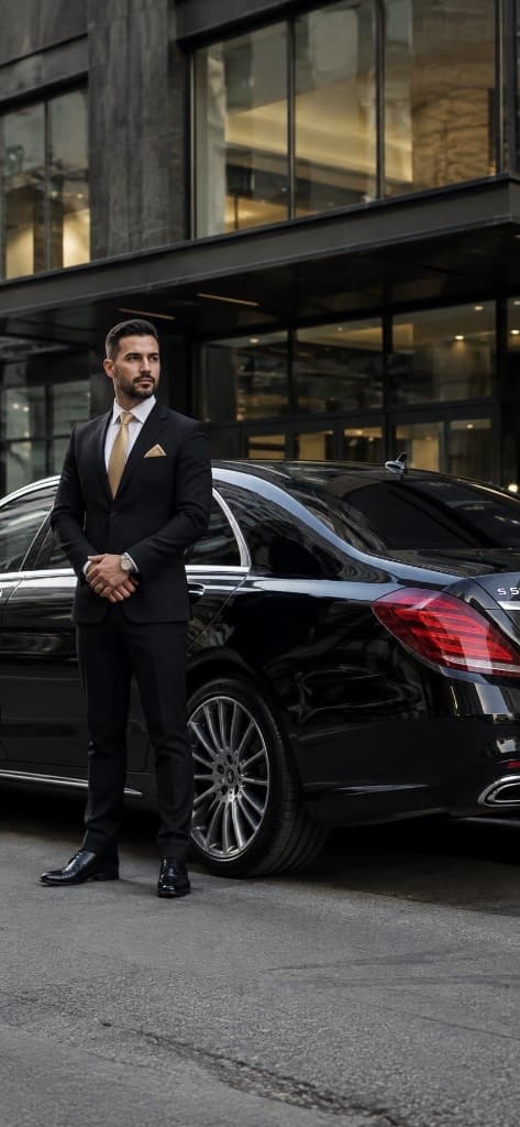 Vantage Lane chauffeur in full suit with champagne-gold tie beside S-Class
