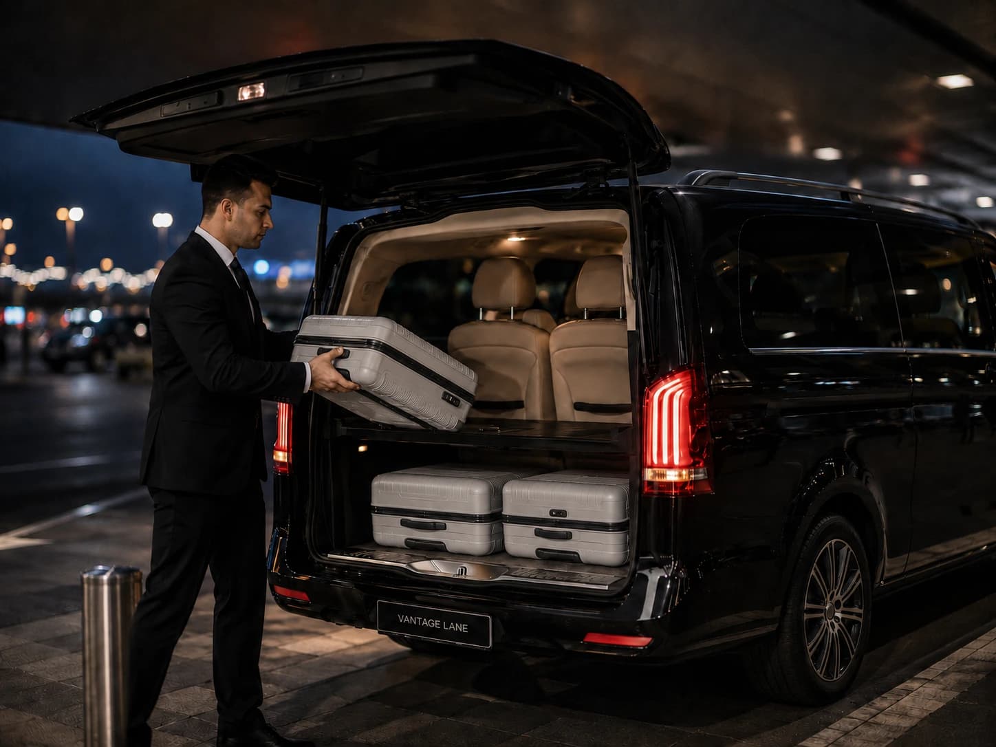 Vantage Lane chauffeur loading luggage into a Mercedes V-Class at night