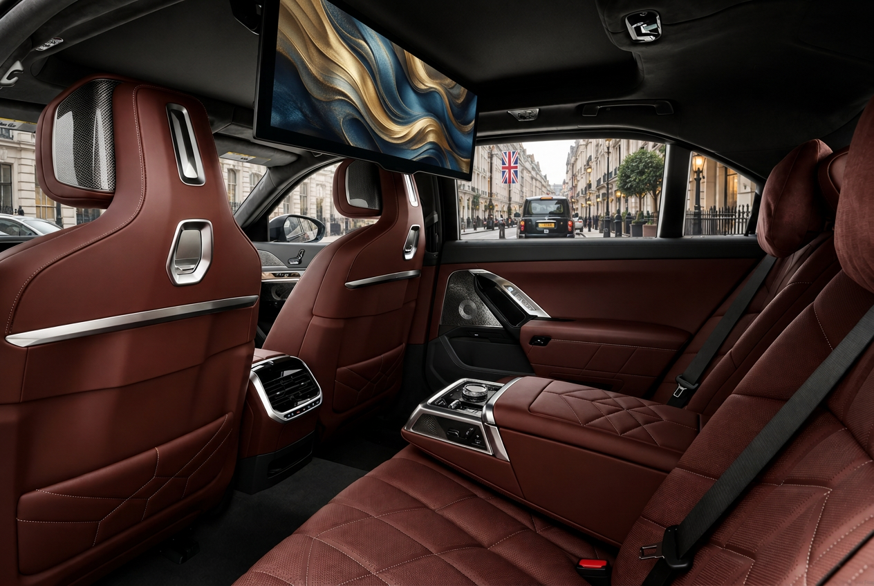 Luxury rear cabin with entertainment screen and leather seats on a London street