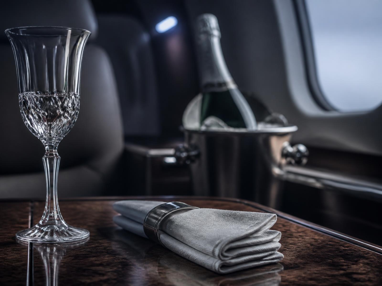 Crystal glass and folded linen napkin on a polished veneer table inside a private jet